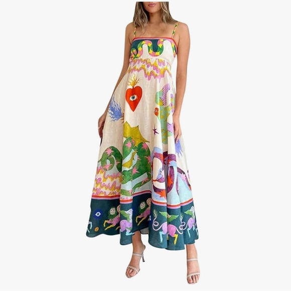 NWOT Bold Colorful Mystical Print Maxi Sundress SZ S - Picture 1 of 9